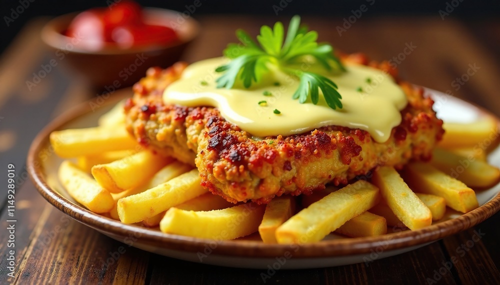 Crispy chicken steak on a bed of crispy fries with melted cheese on top, comfort food, fried potatoes Crispy chicken steak on a bed of crispy fries with melted cheese on top, comfort food, fried potatoes