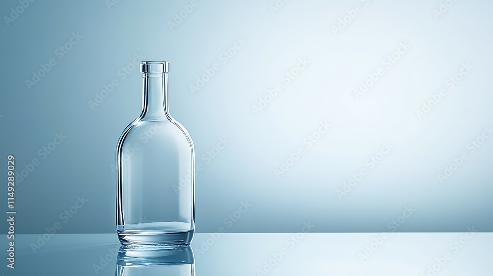Transparent empty bottle on a minimalist polished surface Transparent empty bottle on a minimalist polished surface