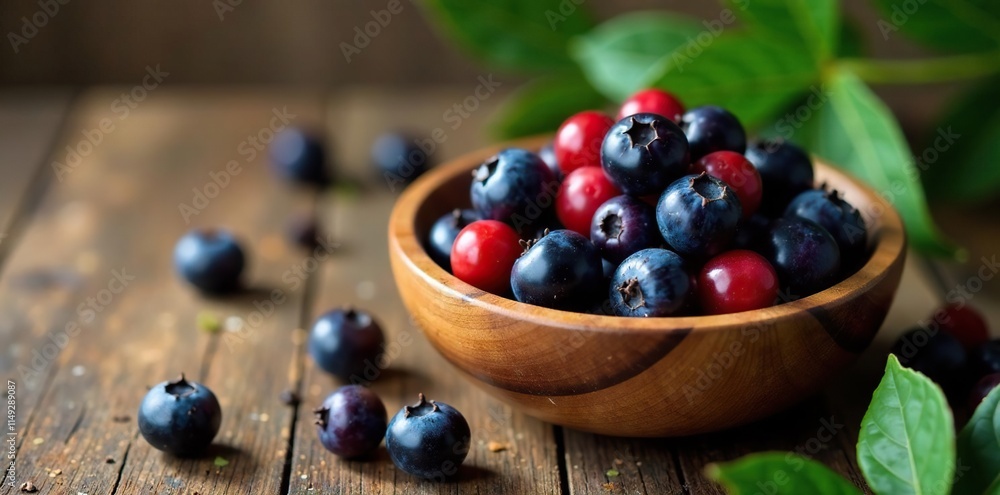 Dark purple aronia berries in a natural green wood bowl on a rustic table, wild berries, black chokeberry, autumnal