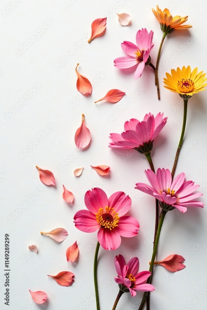 Delicate petals scattered on a white background, still life, floral arrangements, dried flowers Delicate petals scattered on a white background, still life, floral arrangements, dried flowers