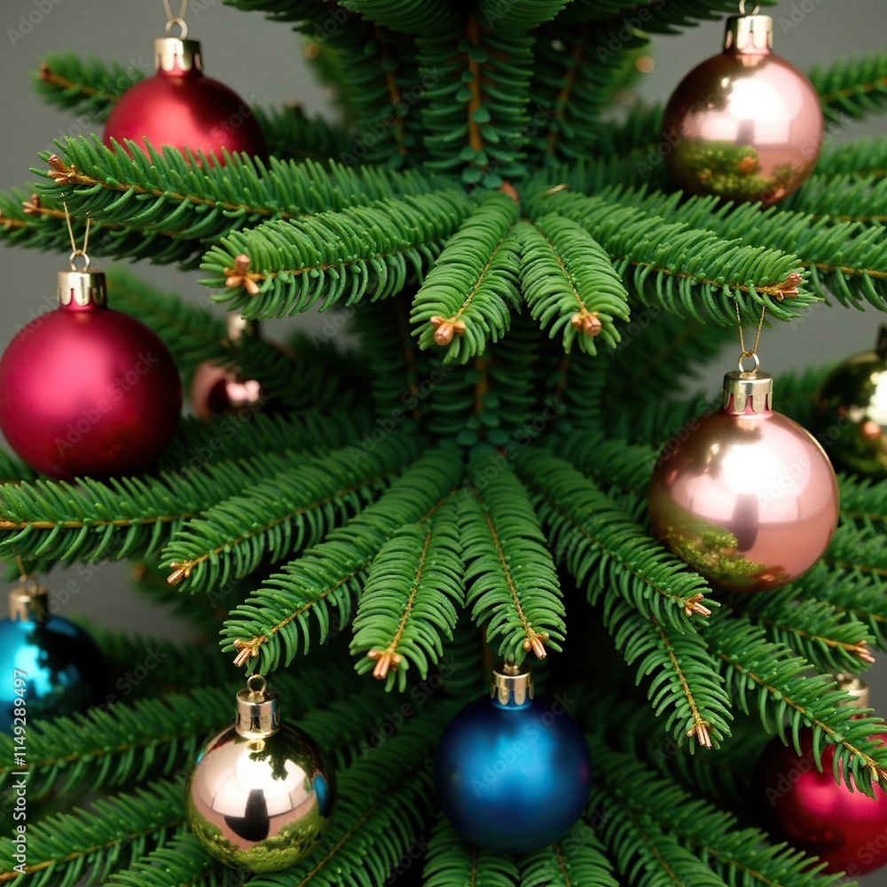 Fototapeta premium Evergreen tree branch adorned with colorful glass balls in a symmetrical pattern, Christmas tree, seasonal