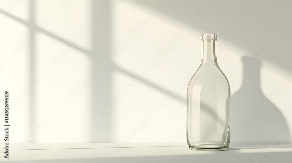 Minimalist design featuring an empty glass bottle on a light surface Minimalist design featuring an empty glass bottle on a light surface