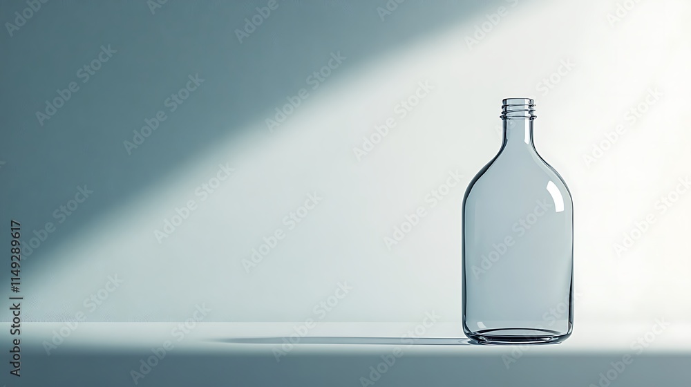 Minimalist design featuring an empty glass bottle on a light surface Minimalist design featuring an empty glass bottle on a light surface