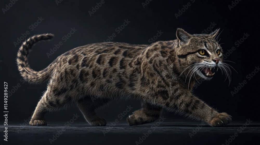 Naklejka premium Wild Cat Walking with Intense Expression and Distinctive Spots Against Dark Background