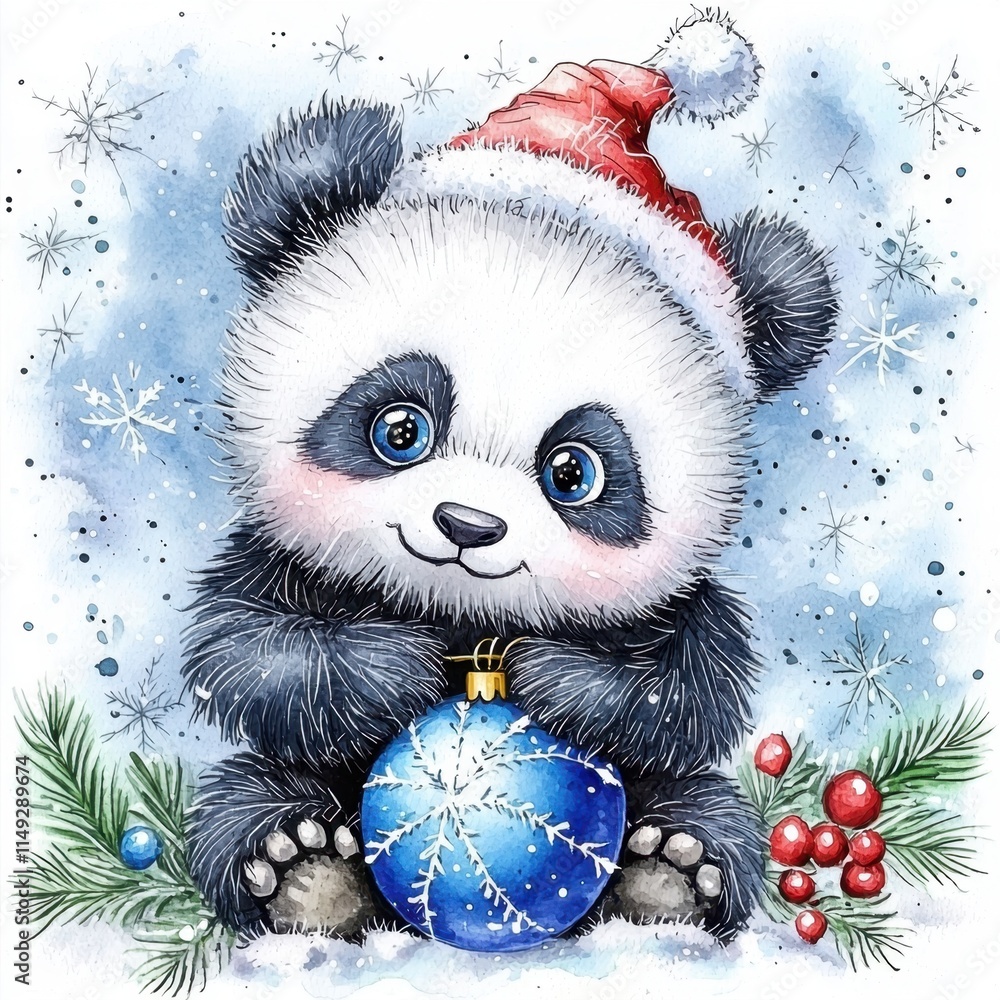 Charming Christmas-themed watercolor illustration featuring a playful baby panda. Charming Christmas-themed watercolor illustration featuring a playful baby panda.