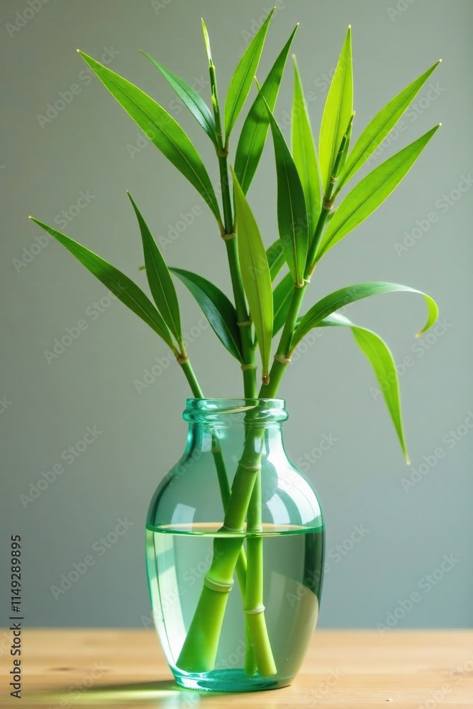 Glass jar containing a single stalk of tall bamboo grass, decoration, Glass jar containing a single stalk of tall bamboo grass, decoration,
