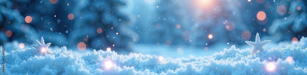 Obraz premium Icy winter scene with white stars and glittering snowflakes suspended in mid-air amidst a frosty landscape, pastel colors, ethereal glow