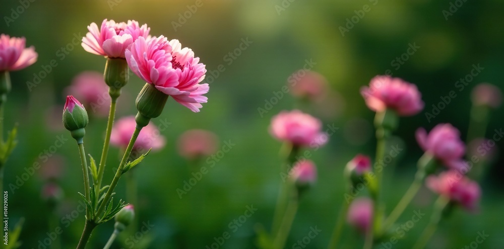 Individual pink wild carnations on a stem or branch, greenery, botanical, scenery Individual pink wild carnations on a stem or branch, greenery, botanical, scenery
