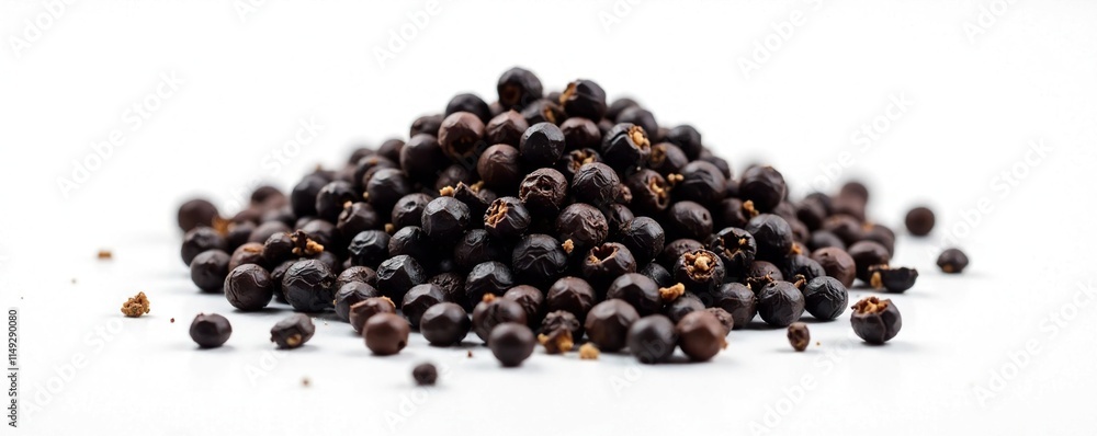 Isolated single black pepper grain against a clean white background, dot, culinary Isolated single black pepper grain against a clean white background, dot, culinary