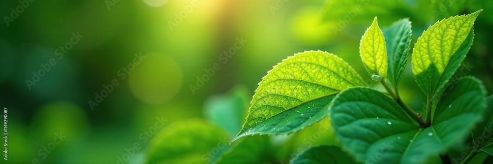 Fototapeta premium Leaves glistening with dew as sunlight touches them, greenery, leaf, foliage