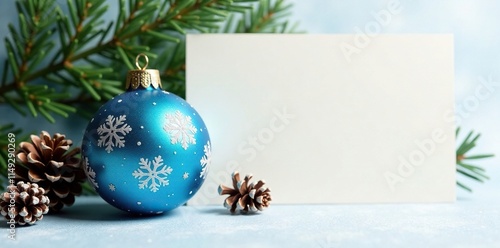 Ornament with blue snowflakes and pinecones behind off-white card, pinecones, Christmas photo