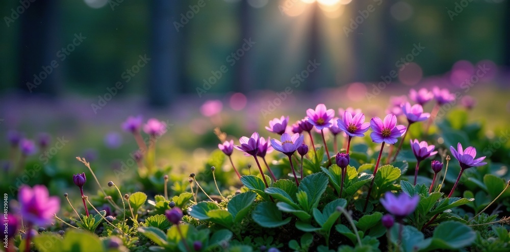 Obraz premium Purple saxifrage blooms in short Arctic summer darkness, short summer, trees, wildflowers