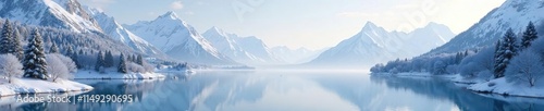 Wallpaper Mural serene winter landscape with snow-capped mountains and frozen lake, peaceful, gentle, hazy Torontodigital.ca