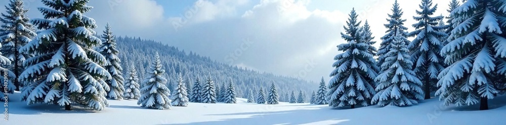 Obraz premium Snow-covered evergreen trees in frosty forest, snow covered trees, coniferous trees, winter woods