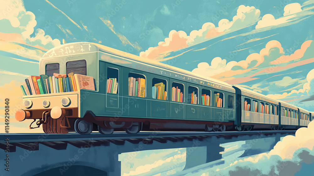 Illustration of a whimsical train ride where each car is filled with acts of kindness, from sharing books to lending an ear Illustration of a whimsical train ride where each car is filled with acts of kindness, from sharing books to lending an ear