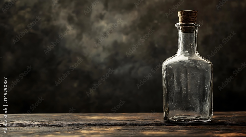Elegant empty glass bottle on a classic dark wooden table