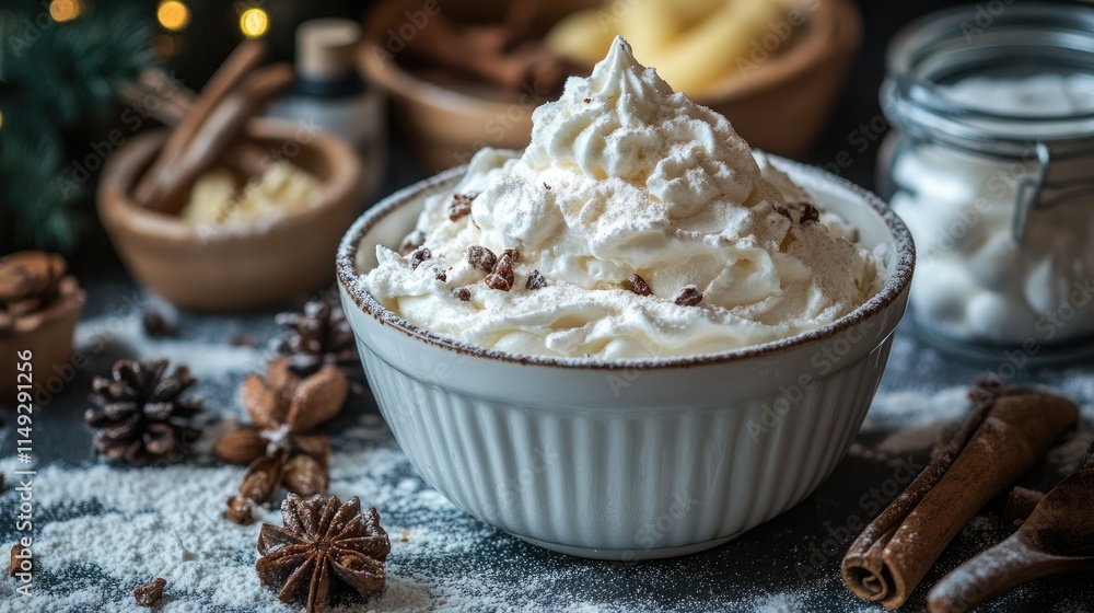 A bowl of whipped cream with a dollop on top, surrounded by baking ingredients. A bowl of whipped cream with a dollop on top, surrounded by baking ingredients.