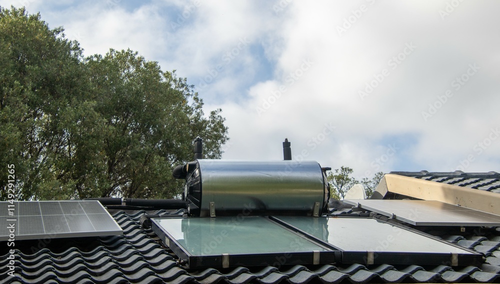 A solar geyser and other solar energy panels installed on the roof of a private home A solar geyser and other solar energy panels installed on the roof of a private home