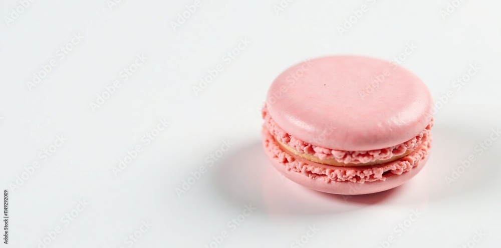 A single, round macaron on a white background, highlighting its delicate, lacy pattern and smooth surface, French patisserie, food, meringue based A single, round macaron on a white background, highlighting its delicate, lacy pattern and smooth surface, French patisserie, food, meringue based