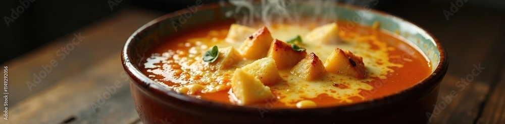 A steaming bowl of French onion soup topped with croutons and melted cheese under a broiler, bread, aromatic, soup A steaming bowl of French onion soup topped with croutons and melted cheese under a broiler, bread, aromatic, soup