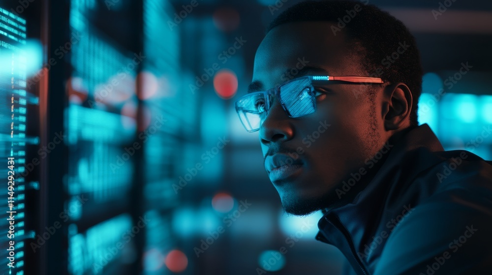 A focused individual wearing glasses looks intently at a futuristic data interface, illuminated by blue and red lights in a tech environment. Sport technology concept. A focused individual wearing glasses looks intently at a futuristic data interface, illuminated by blue and red lights in a tech environment. Sport technology concept.