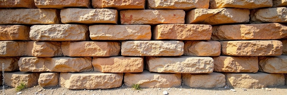 Dry-stacked rock wall with visible cracks and erosion, geological formations, stone, rugged Dry-stacked rock wall with visible cracks and erosion, geological formations, stone, rugged