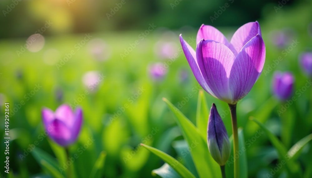 Elegant purple bloom amidst lush green foliage, gardening, flowers in field Elegant purple bloom amidst lush green foliage, gardening, flowers in field