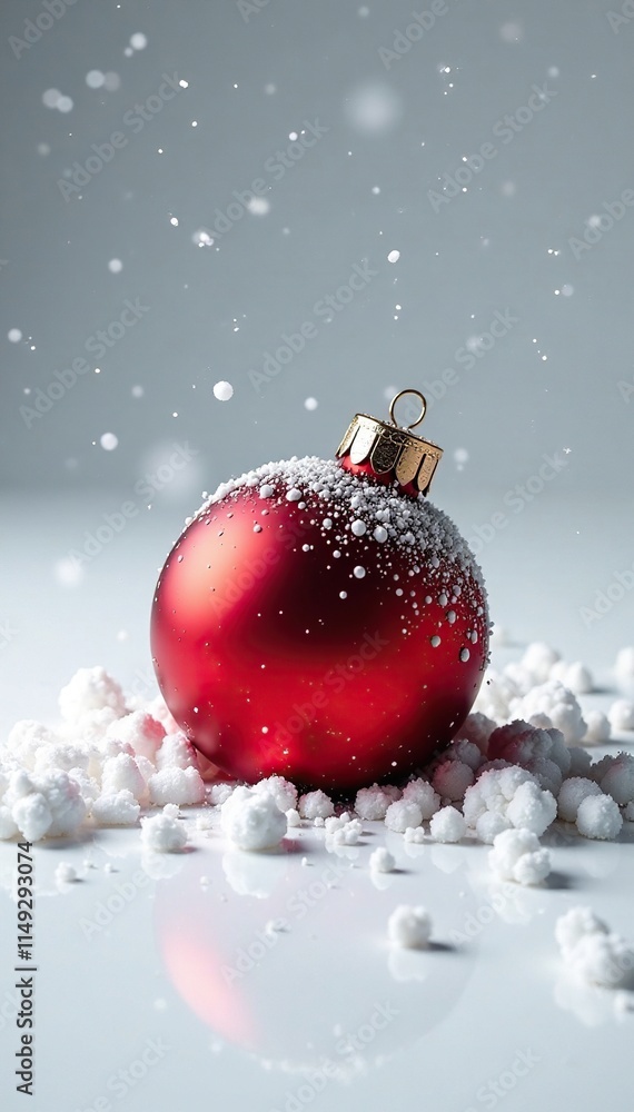 Fragment of a broken red Christmas ball scattered on a white surface, winter breakage, festive destruction Fragment of a broken red Christmas ball scattered on a white surface, winter breakage, festive destruction