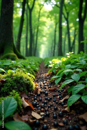 Forest floor covered with black berries and leaves, eleutherococcus senticosus forest, forest floor photo