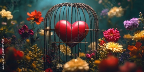 Heart Encaged Surrounded by Colorful Flowers in a Dreamlike Garden Setting with Soft Lighting and Rich Textures photo