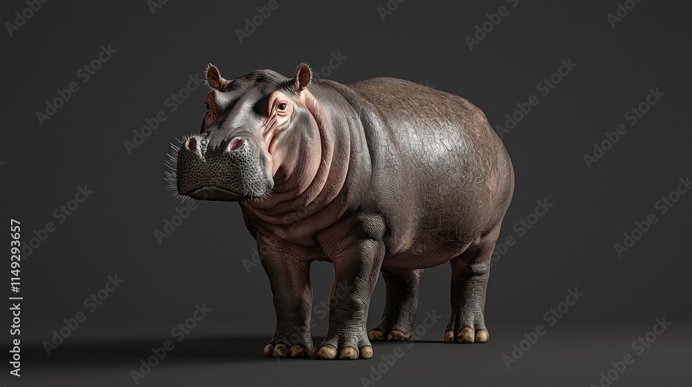 Realistic Hippo Standing in a Studio Setting with Detailed Texture and Lighting Effects for Nature and Wildlife Themes Realistic Hippo Standing in a Studio Setting with Detailed Texture and Lighting Effects for Nature and Wildlife Themes