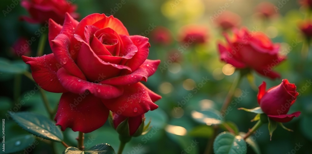 Red roses with water droplets in the morning dew, botanical, nature, intricate Red roses with water droplets in the morning dew, botanical, nature, intricate