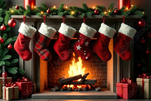 Row of colorful Christmas stockings hung above a warm and cozy fireplace, green, decorations photo