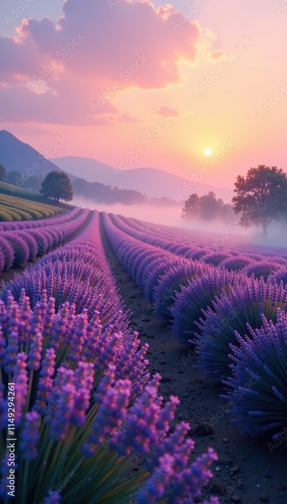 Fototapeta premium Soft lavender mist rises over a serene landscape at dawn, dawn, sunrise, serenity