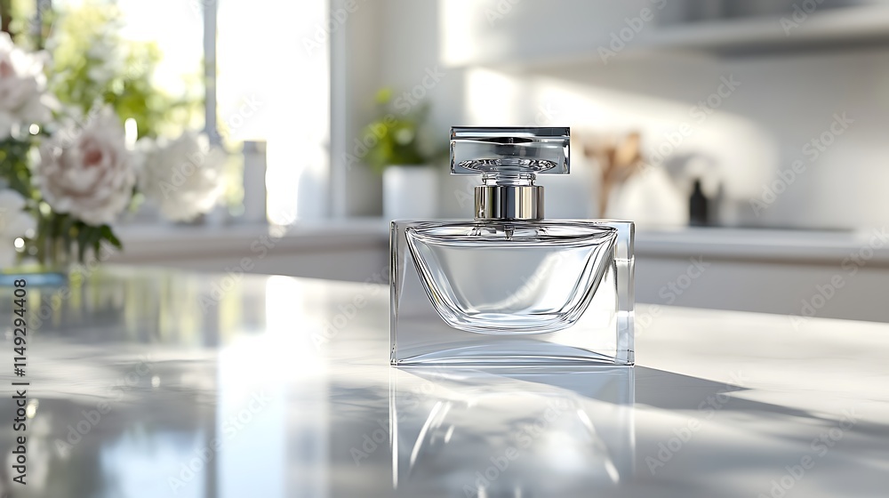 Clear glass perfume bottle with silver top on a white countertop Clear glass perfume bottle with silver top on a white countertop