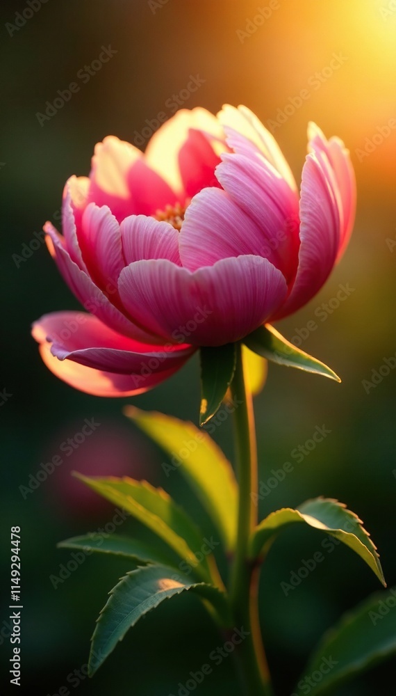 Stunning golden light illuminates the delicate features of a wilting pink peony flower stem, warm light, flower decline