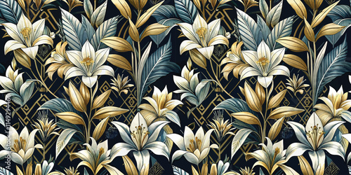 Elegant floral pattern featuring white lilies and gold accents on a dark background.