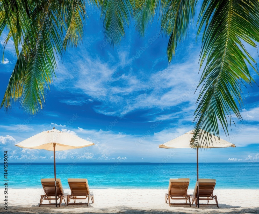 Obraz premium Experience ultimate relaxation on a pristine beach, with comfortable loungers and a stunning ocean view.