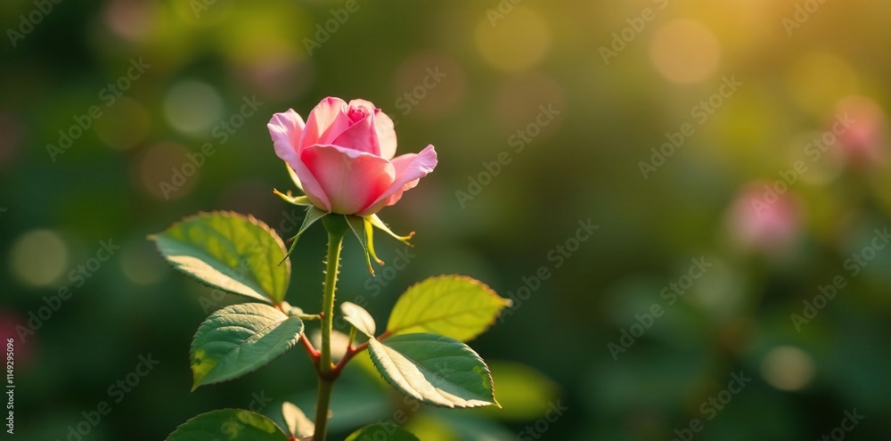 Obraz premium A single pink rose bud nestled among the leaves of a bush rose, in a warm sunlight, nature photography, rose bush