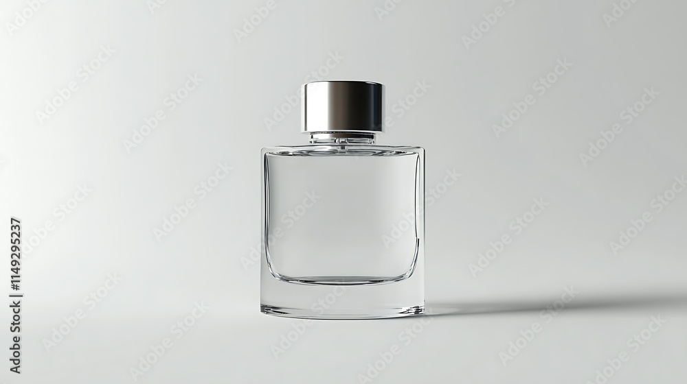Transparent perfume bottle with silver lid on clean white background Transparent perfume bottle with silver lid on clean white background