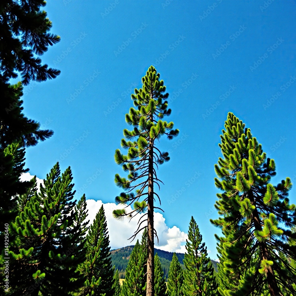 Fototapeta premium Blue sky and pine trees surround the single tall pine tree, serene scenery, forest