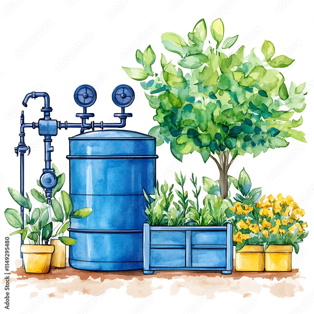 Obraz premium Watercolor illustration of a blue water tank with plumbing and assorted potted plants, representing sustainable gardening and water conservation.