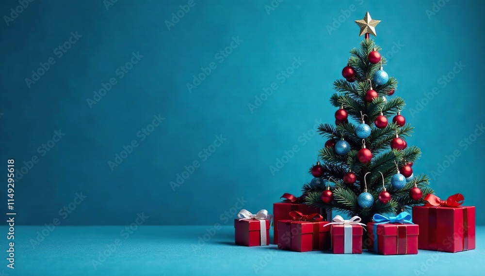 Christmas tree with blue and red gifts scattered around it, blue, holiday, red Christmas tree with blue and red gifts scattered around it, blue, holiday, red