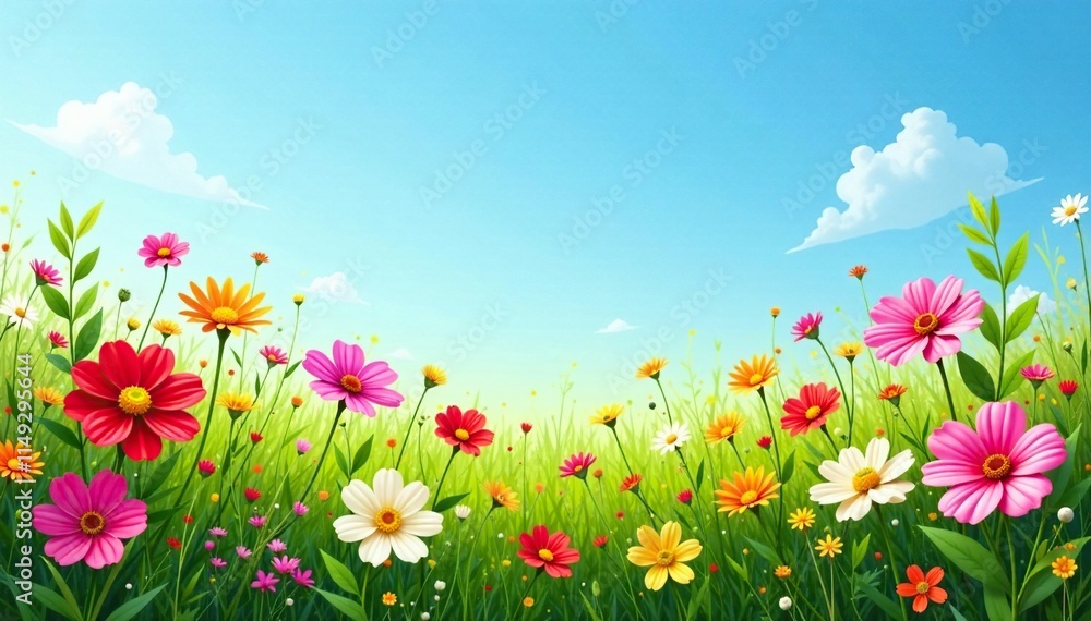 Colorful mixed flowers on a vast green meadow under clear blue skies, garden scene, mixed flowers, blue sky Colorful mixed flowers on a vast green meadow under clear blue skies, garden scene, mixed flowers, blue sky
