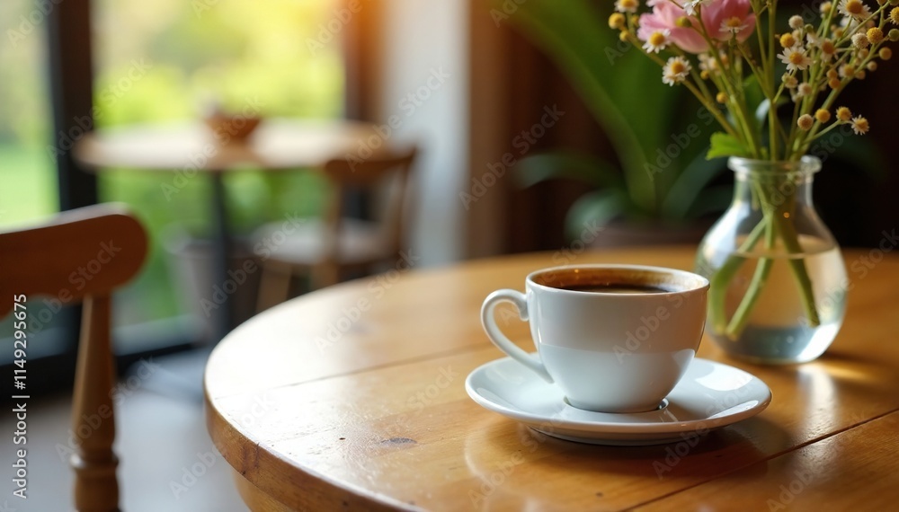 Cup of coffee on a wooden dining table with a vase, dining table, natural Cup of coffee on a wooden dining table with a vase, dining table, natural