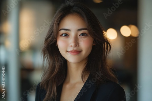 Wallpaper Mural A woman with long brown hair and a black blazer is smiling. Generative AI Torontodigital.ca