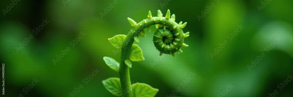 Naklejka premium Delicate fiddlehead fern leaf on a natural background, fiddlehead ferns, plant leaves, foliage
