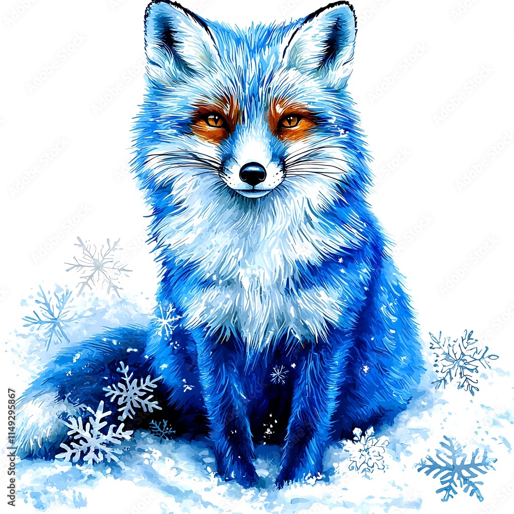 Obraz premium A stylized blue fox sitting in the snow amidst snowflakes.