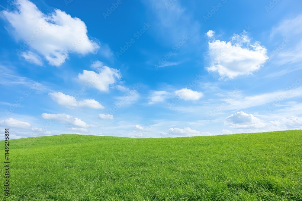 Large expanse of vibrant green grass slopes gently upward to clear bright blue sky dotted with fluffy white clouds. Natural landscape scene evokes tranquility, beauty. Perfect for illustrating nature Large expanse of vibrant green grass slopes gently upward to clear bright blue sky dotted with fluffy white clouds. Natural landscape scene evokes tranquility, beauty. Perfect for illustrating nature