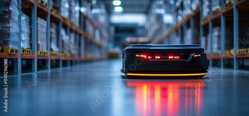 Automated Warehouse Robot Moving Through Aisles. photo